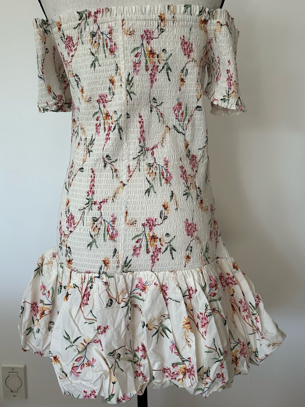 Floral Smocked Off Shoulder Bubble Hem Mini Dress Cottagecore Boho Summer Flirty - Picture 6 of 15